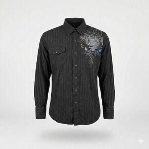 Parts Western Shirt Mens Large Black Pinstripe Pearl Snap Distressed Graphic